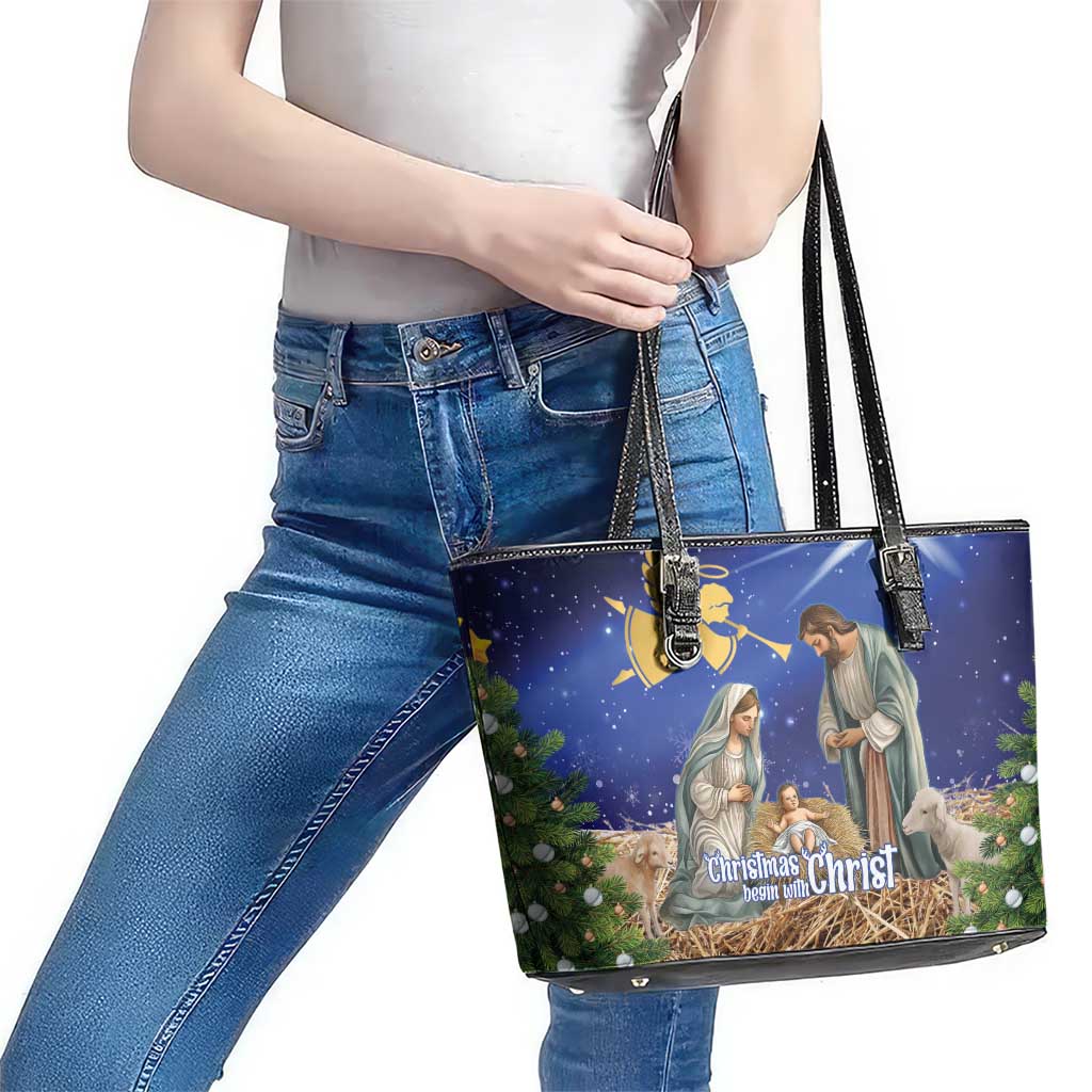 Lithuania Christmas Leather Tote Bag Chistmas Begin With Christ LT15