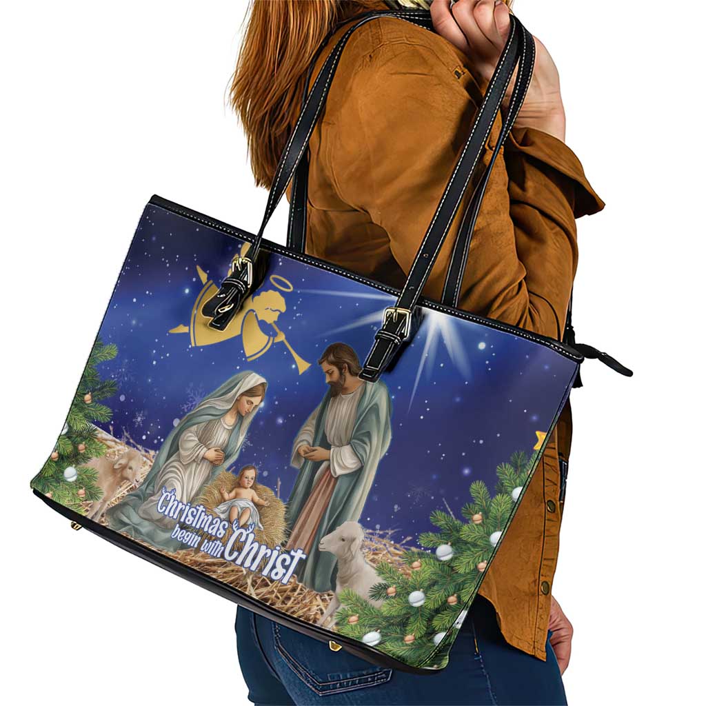 Lithuania Christmas Leather Tote Bag Chistmas Begin With Christ LT15