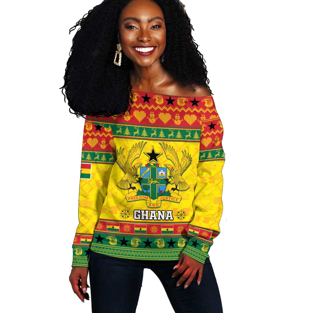 Afro Ghana Christmas Off Shoulder Sweater Coat Of Arms - Kente Pattern LT15