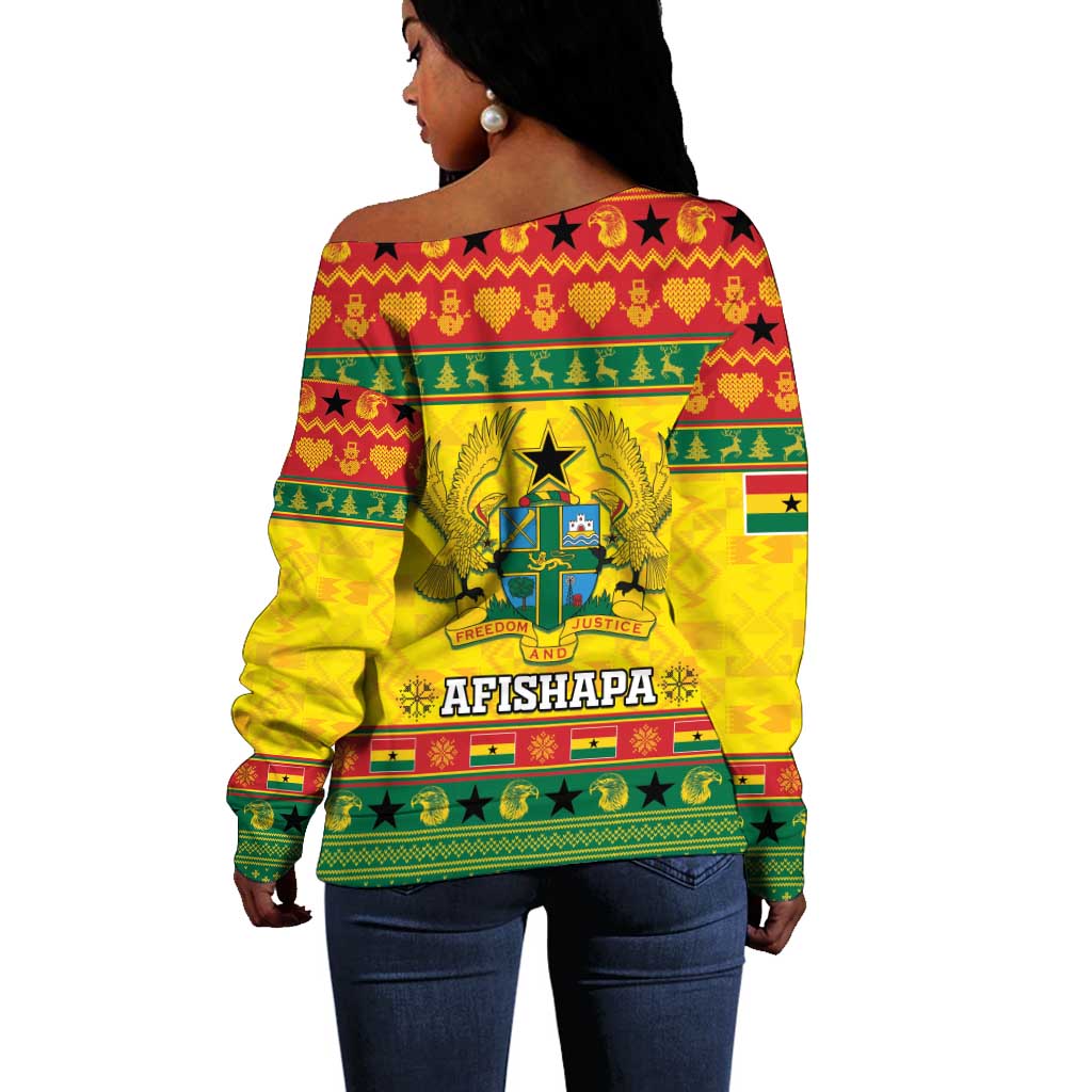 Afro Ghana Christmas Off Shoulder Sweater Coat Of Arms - Kente Pattern LT15