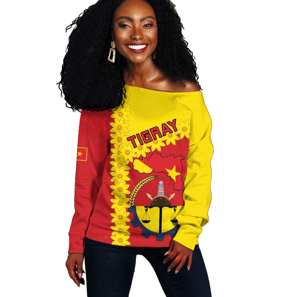 Tigray Ethiopia Off Shoulder Sweater Tigray Seal With Flag Map - African Pattern LT15