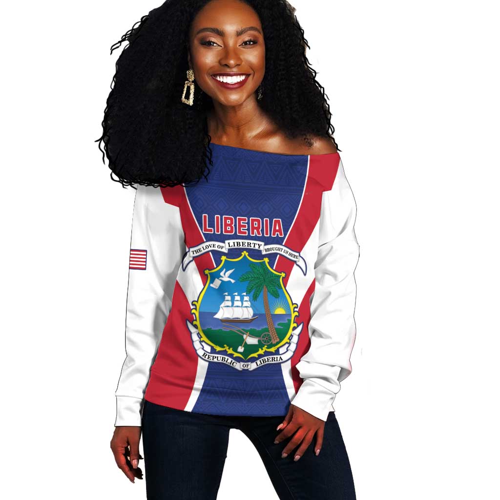 Personalised Afro Liberia Off Shoulder Sweater Coat Of Arms With Flag Map - African Pattern LT15