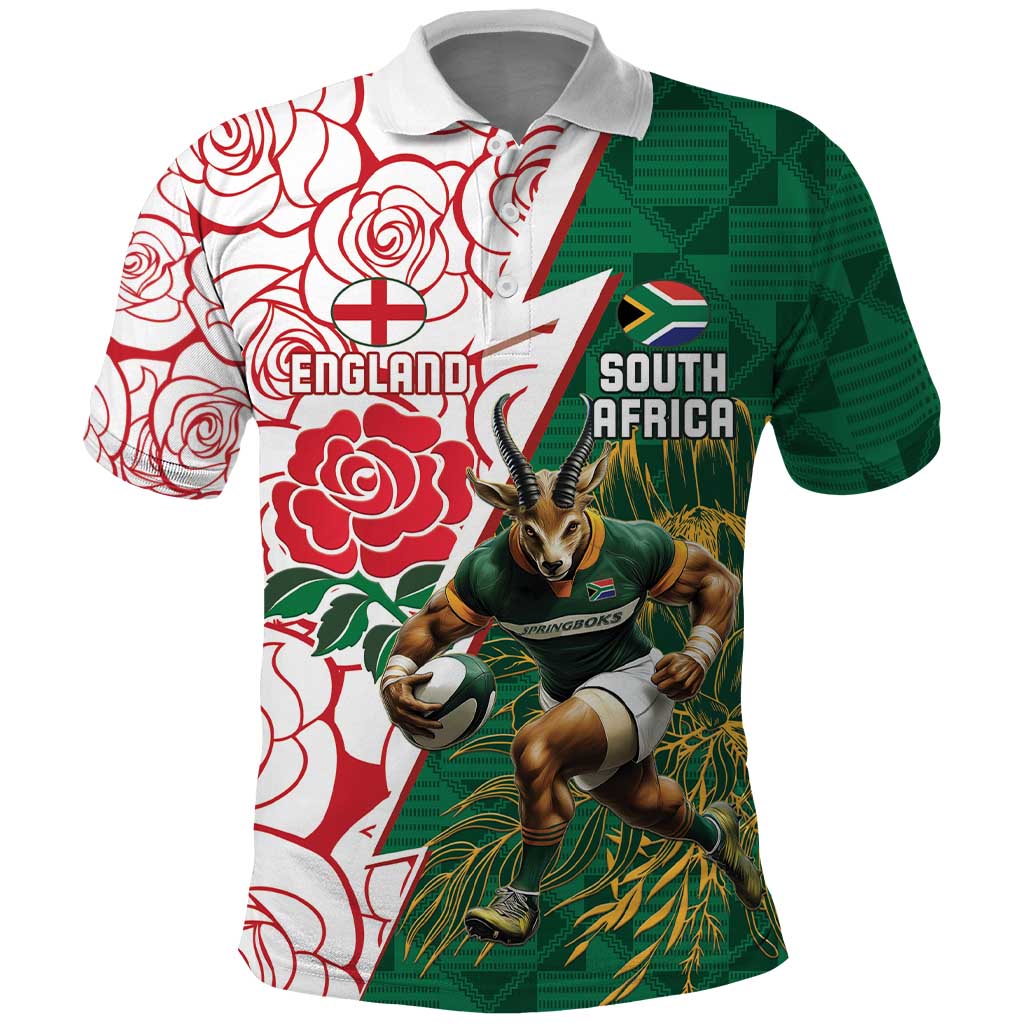 Personalized South Africa and England Rugby Polo Shirt Springboks Mascot With Red Rose LT15