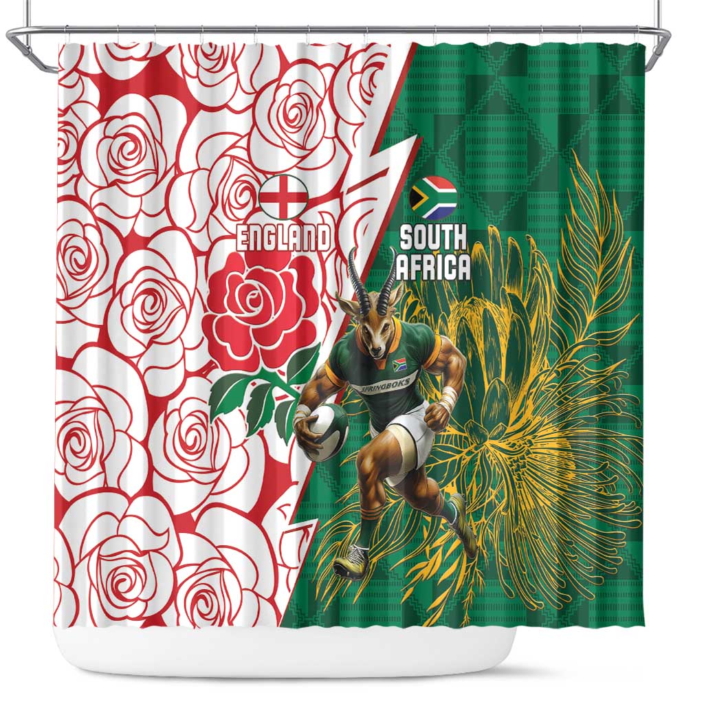South Africa and England Rugby Shower Curtain Springboks Mascot With Red Rose LT15