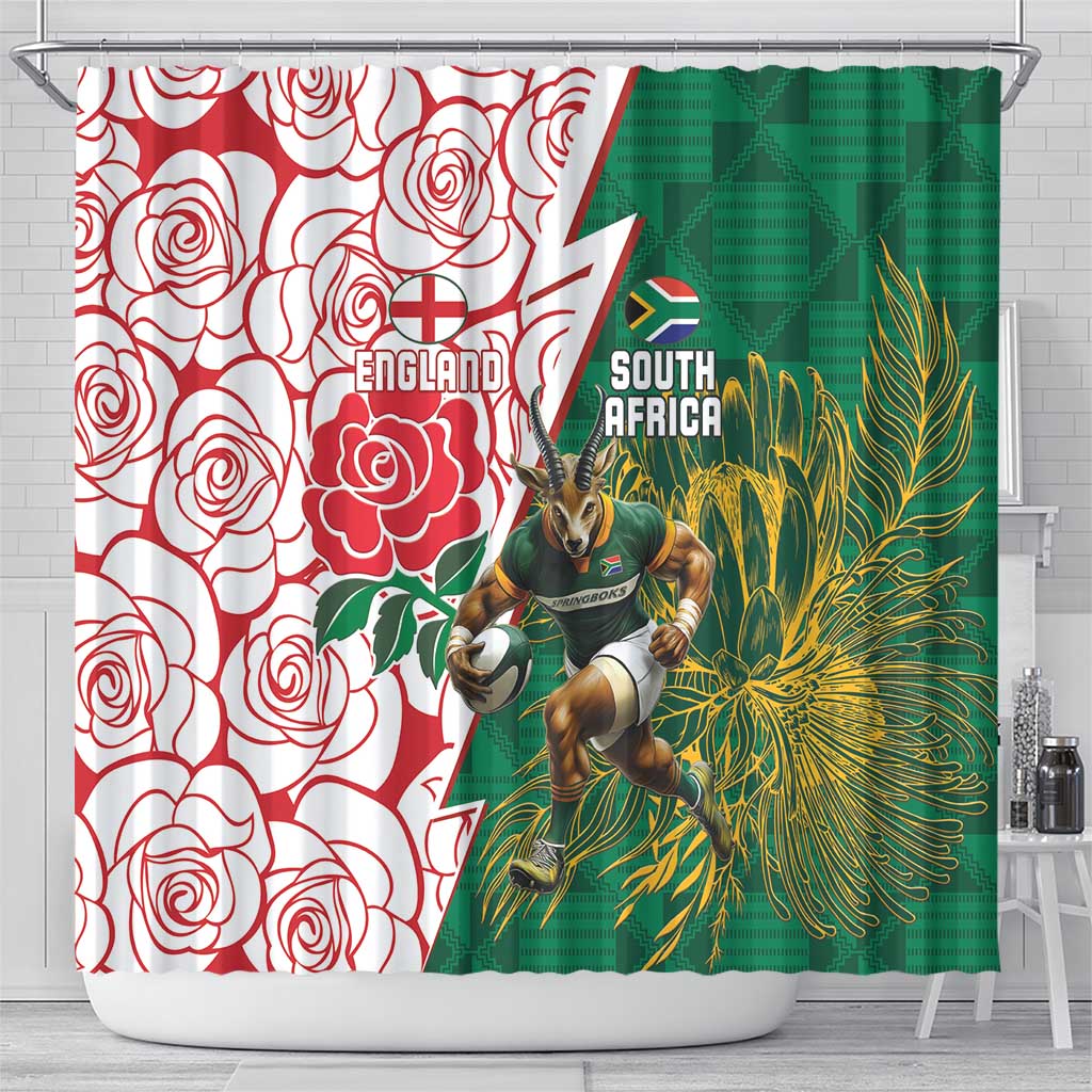 South Africa and England Rugby Shower Curtain Springboks Mascot With Red Rose LT15