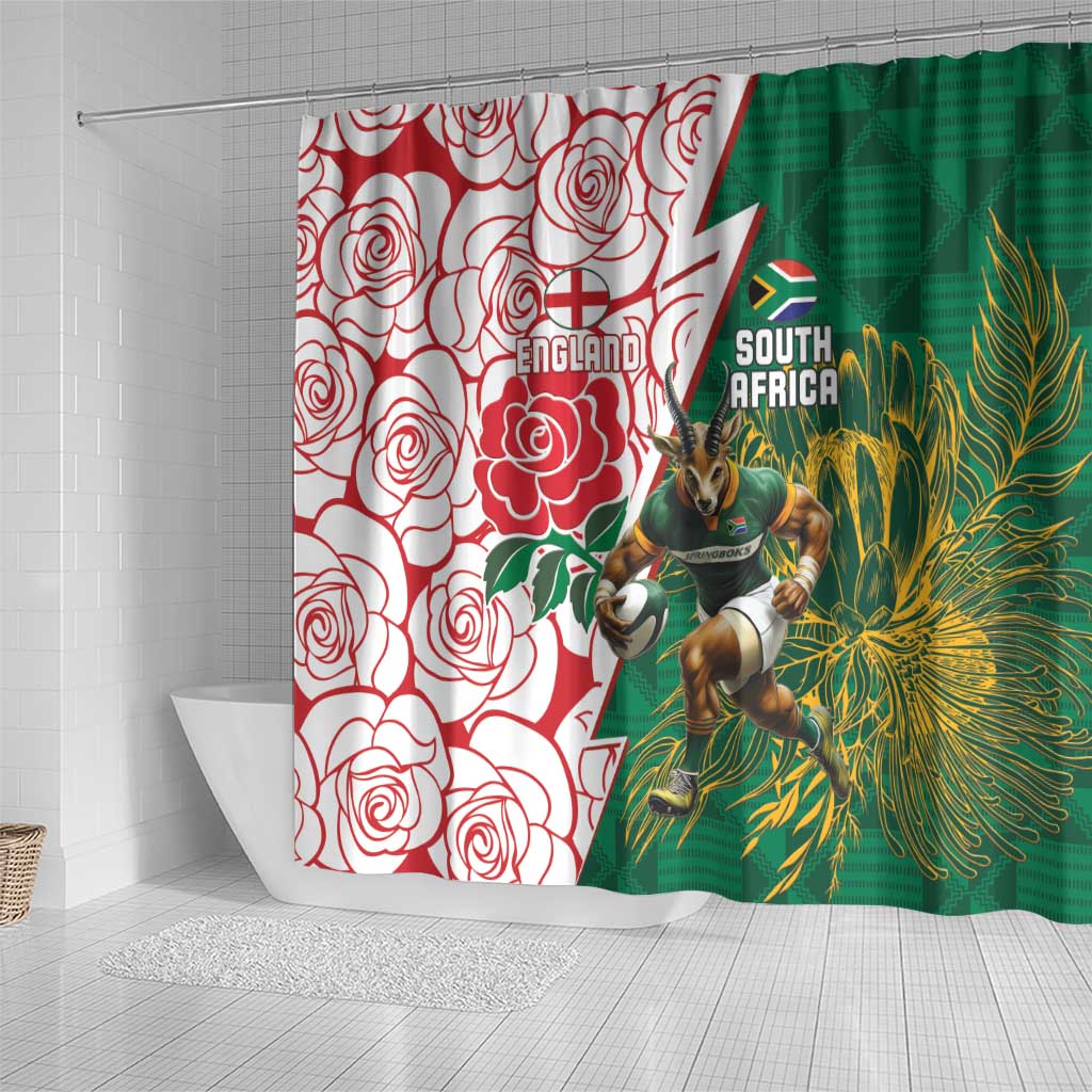 South Africa and England Rugby Shower Curtain Springboks Mascot With Red Rose LT15