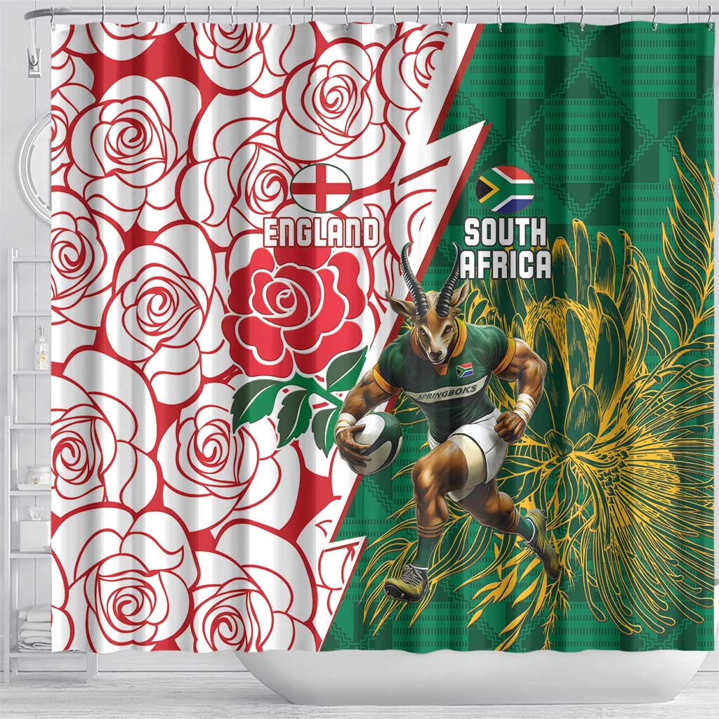 South Africa and England Rugby Shower Curtain Springboks Mascot With Red Rose LT15