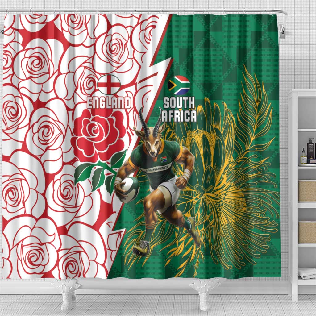 South Africa and England Rugby Shower Curtain Springboks Mascot With Red Rose LT15