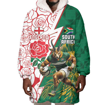 Personalized South Africa Combine England Rugby Wearable Blanket Hoodie Springboks and Red Rose LT15