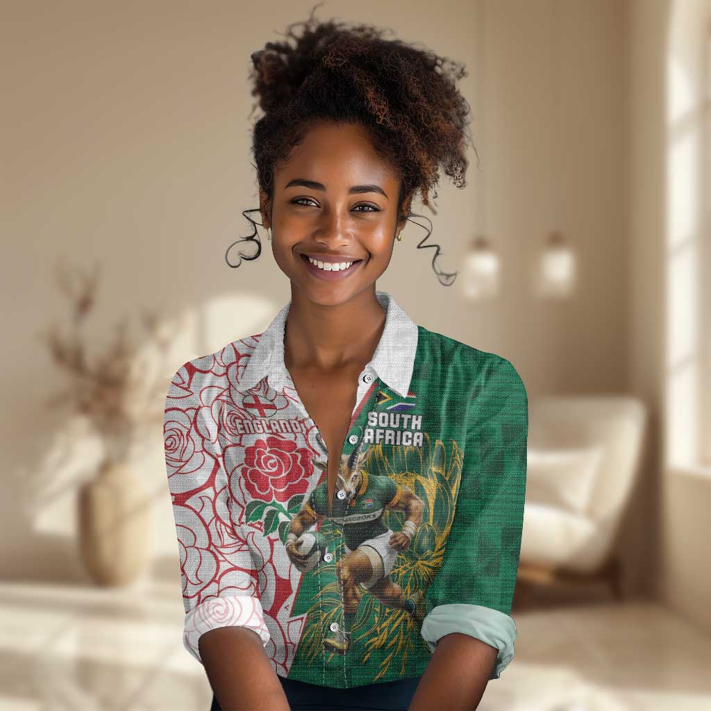 Personalized South Africa Combine England Rugby Women Casual Shirt Springboks and Red Rose LT15