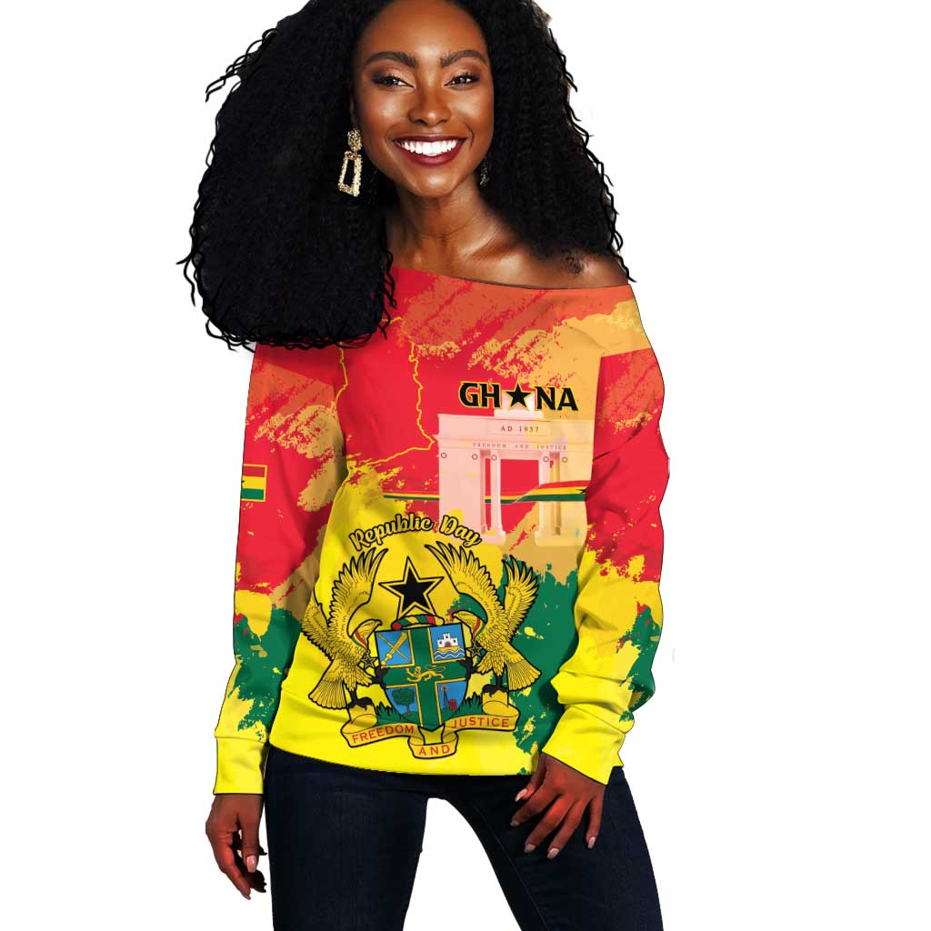 Personalized Ghana Republic Day Off Shoulder Sweater Black Star Square - Grunge Style LT15