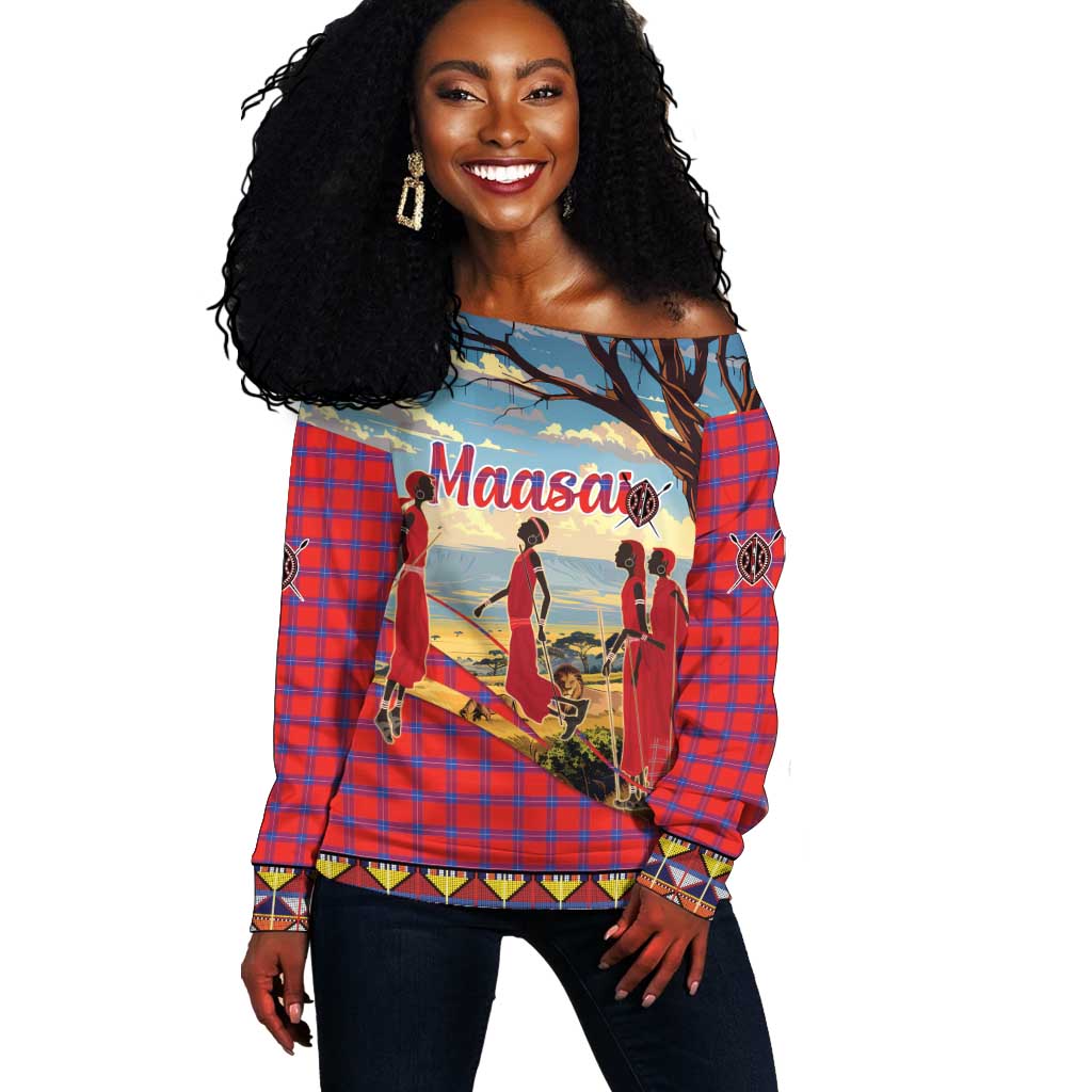 Maasai Adumu Dance Off Shoulder Sweater Shuka Pattern - Kenya Safari LT15
