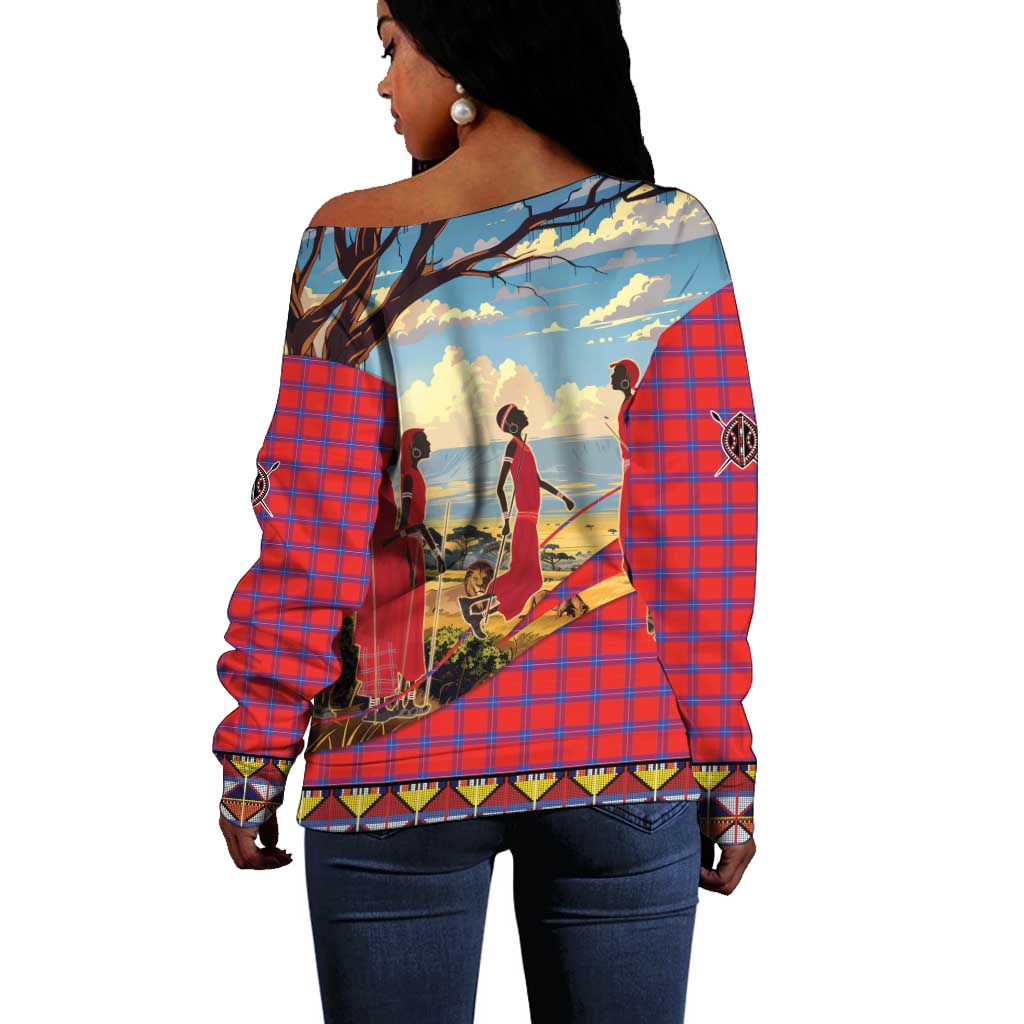 Maasai Adumu Dance Off Shoulder Sweater Shuka Pattern - Kenya Safari LT15