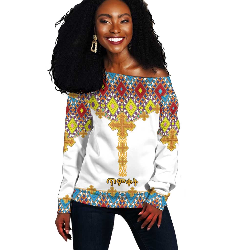 Happy Ethiopian Timkat Off Shoulder Sweater Cross Mix Tilet Pattern LT15