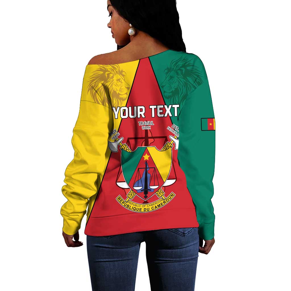 Personalised Cameroon National Day Off Shoulder Sweater Lion Mix Coat Of Arms Style LT15