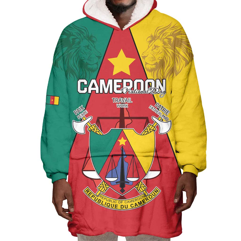 Personalised Cameroon National Day Wearable Blanket Hoodie Lion Mix Coat Of Arms Style LT15