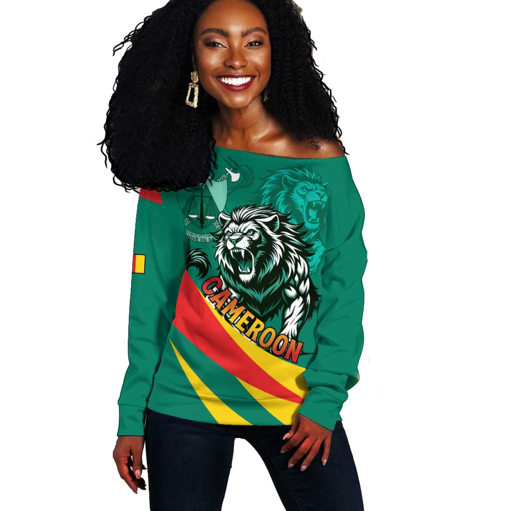 Personalised Happy Cameroon National Day Off Shoulder Sweater Lion With Coat Of Arms - Curve Style LT15