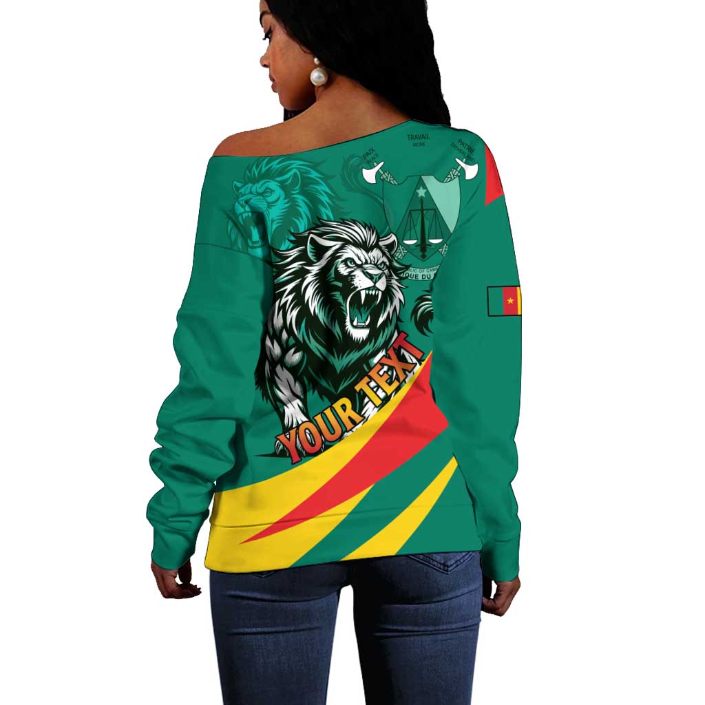 Personalised Happy Cameroon National Day Off Shoulder Sweater Lion With Coat Of Arms - Curve Style LT15