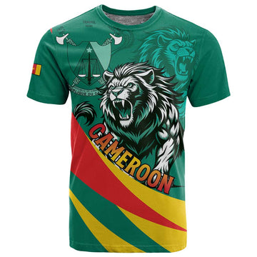 Personalised Happy Cameroon National Day T shirt Lion With Coat Of Arms - Curve Style LT15