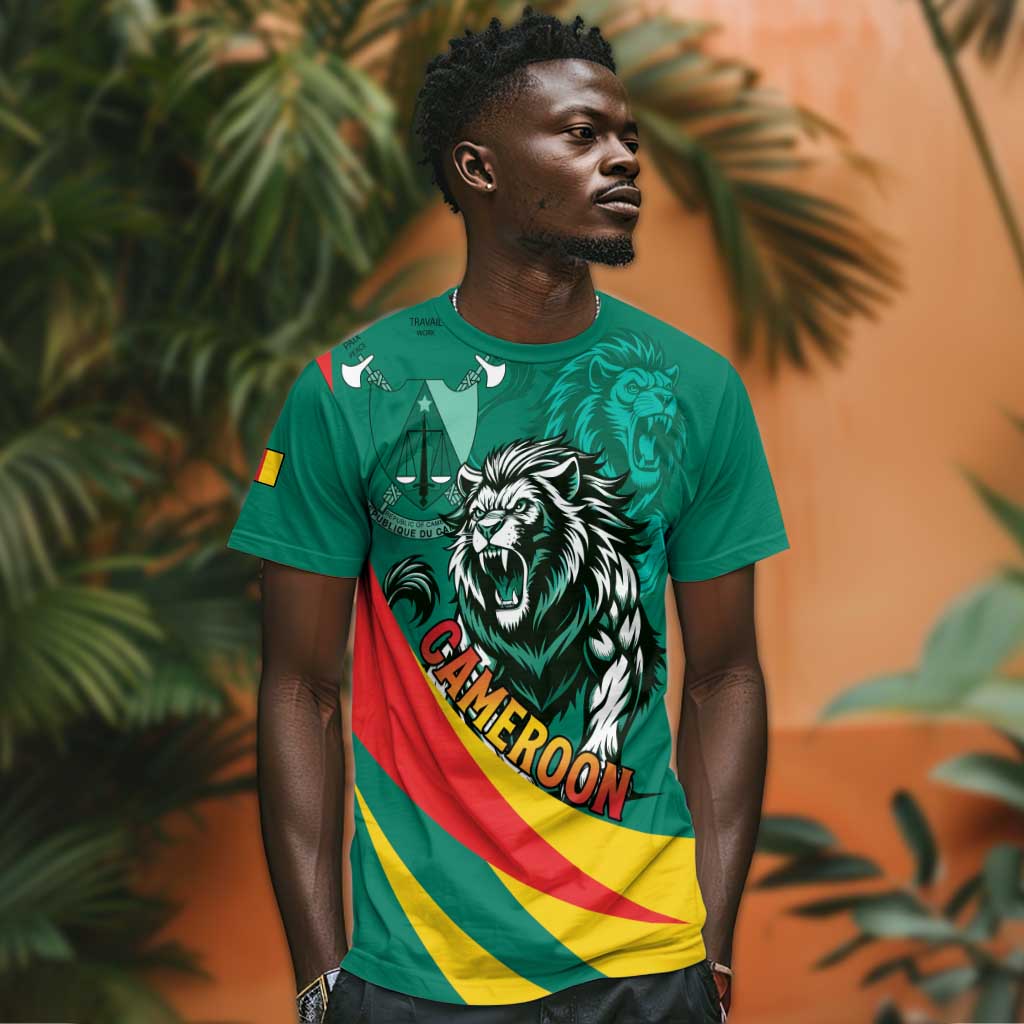 Personalised Happy Cameroon National Day T shirt Lion With Coat Of Arms - Curve Style LT15