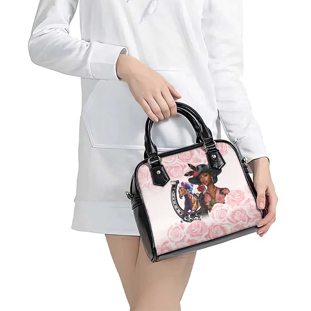 Kentucky Horse Racing Shoulder Handbag Black Derby Lady Pink Roses LT15