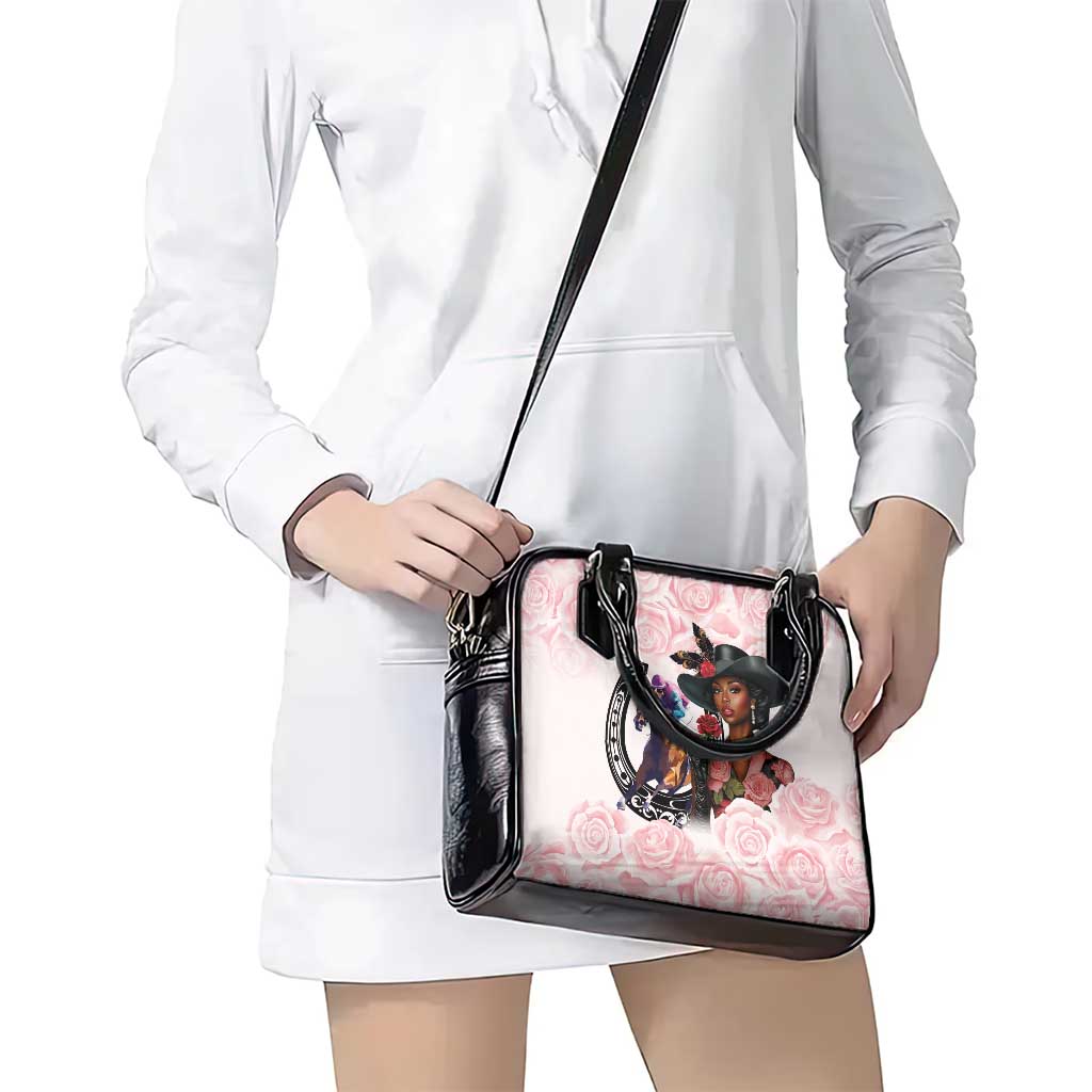 Kentucky Horse Racing Shoulder Handbag Black Derby Lady Pink Roses LT15