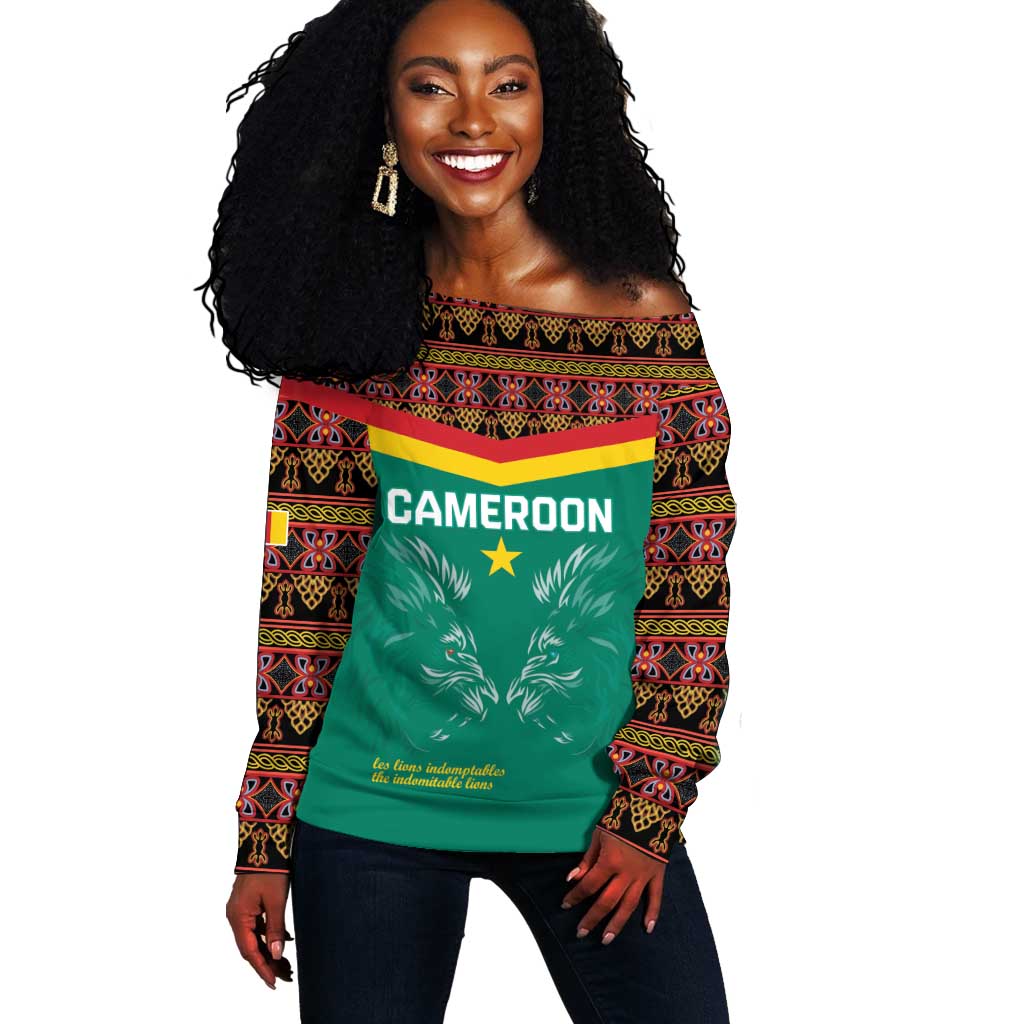 Custom Cameroun Football Off Shoulder Sweater Allez Les Lions Indomptables LT15