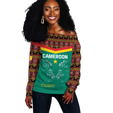 Custom Cameroun Football Off Shoulder Sweater Allez Les Lions Indomptables LT15