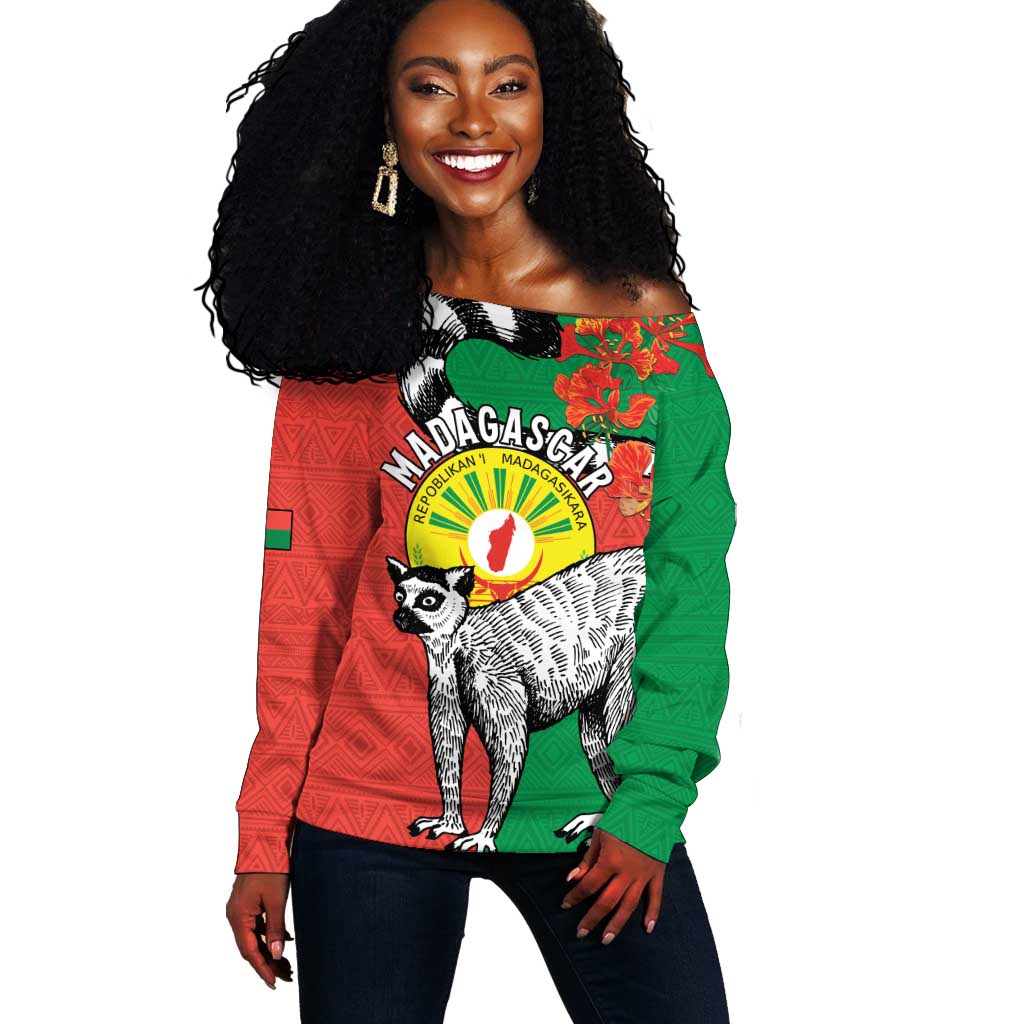 Happy Madagasikara Independence Day Off Shoulder Sweater Ring-Tailed Lemur With Seal LT15