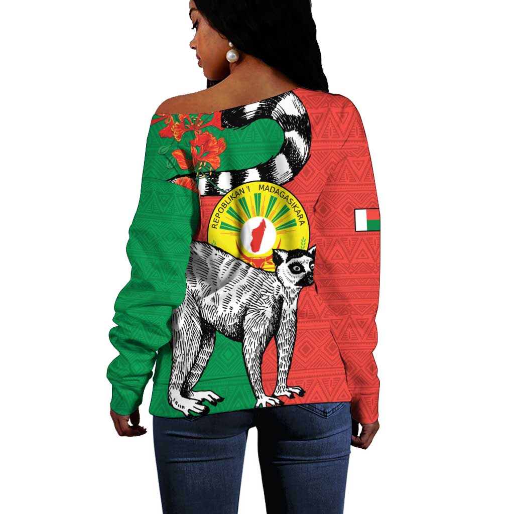 Happy Madagasikara Independence Day Off Shoulder Sweater Ring-Tailed Lemur With Seal LT15