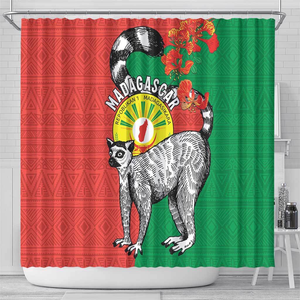 Happy Madagascar Independence Day Shower Curtain Ring-Tailed Lemur With Seal Of Madagasikara LT15
