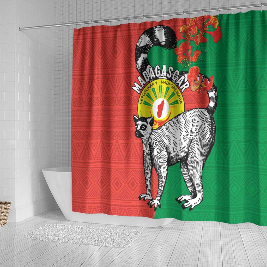 Happy Madagascar Independence Day Shower Curtain Ring-Tailed Lemur With Seal Of Madagasikara LT15