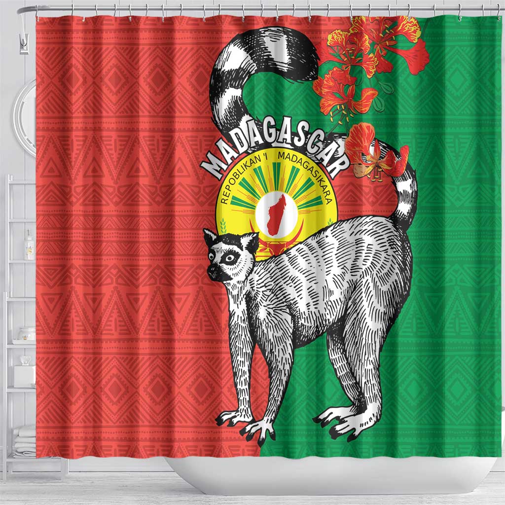 Happy Madagascar Independence Day Shower Curtain Ring-Tailed Lemur With Seal Of Madagasikara LT15