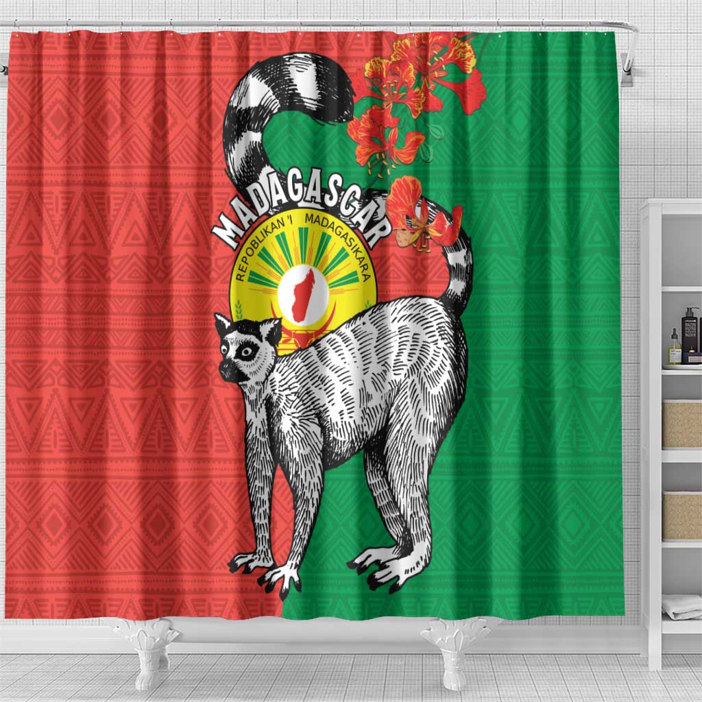 Happy Madagascar Independence Day Shower Curtain Ring-Tailed Lemur With Seal Of Madagasikara LT15