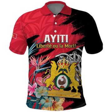 Personalised First Empire of Haiti Polo Shirt Haitian Coat Of Arms 1804-1806 Tropical Flowers LT15