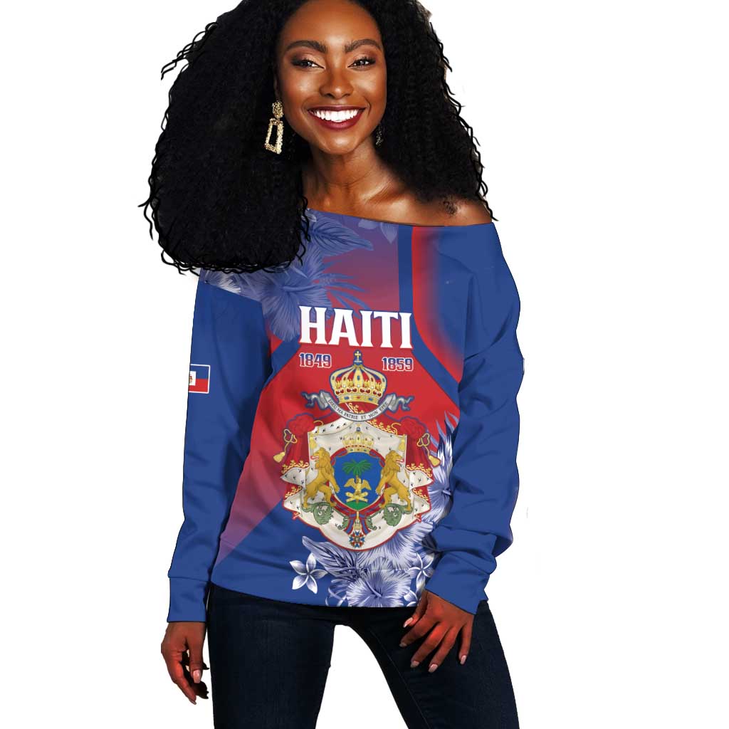 Personalized Second Anpi an Ayiti Off Shoulder Sweater Imperial Haiti Coat Of Arms Tropical Flowers LT15