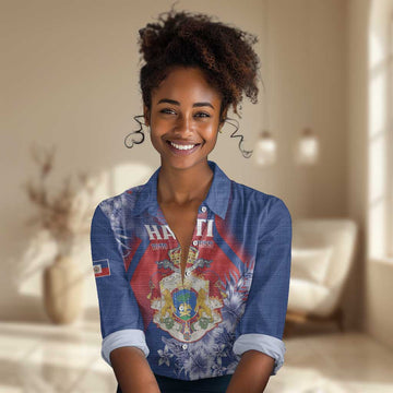 Personalized Second Anpi an Ayiti Women Casual Shirt Imperial Haiti Coat Of Arms Tropical Flowers LT15