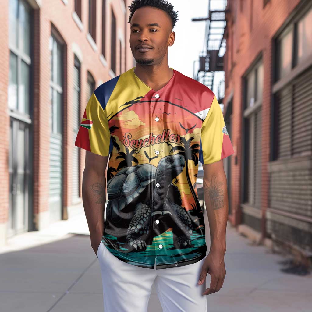Personalised Afro Seychelles Baseball Jersey Aldabra Giant Tortoise With Beach Sunset LT15