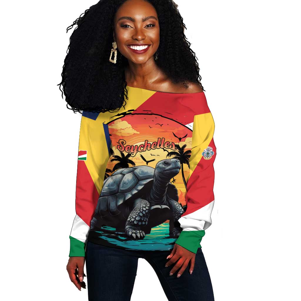 Personalised Afro Seychelles Off Shoulder Sweater Aldabra Giant Tortoise With Beach Sunset LT15