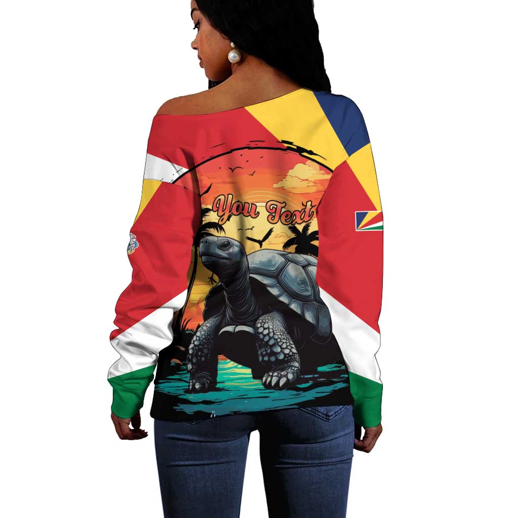 Personalised Afro Seychelles Off Shoulder Sweater Aldabra Giant Tortoise With Beach Sunset LT15