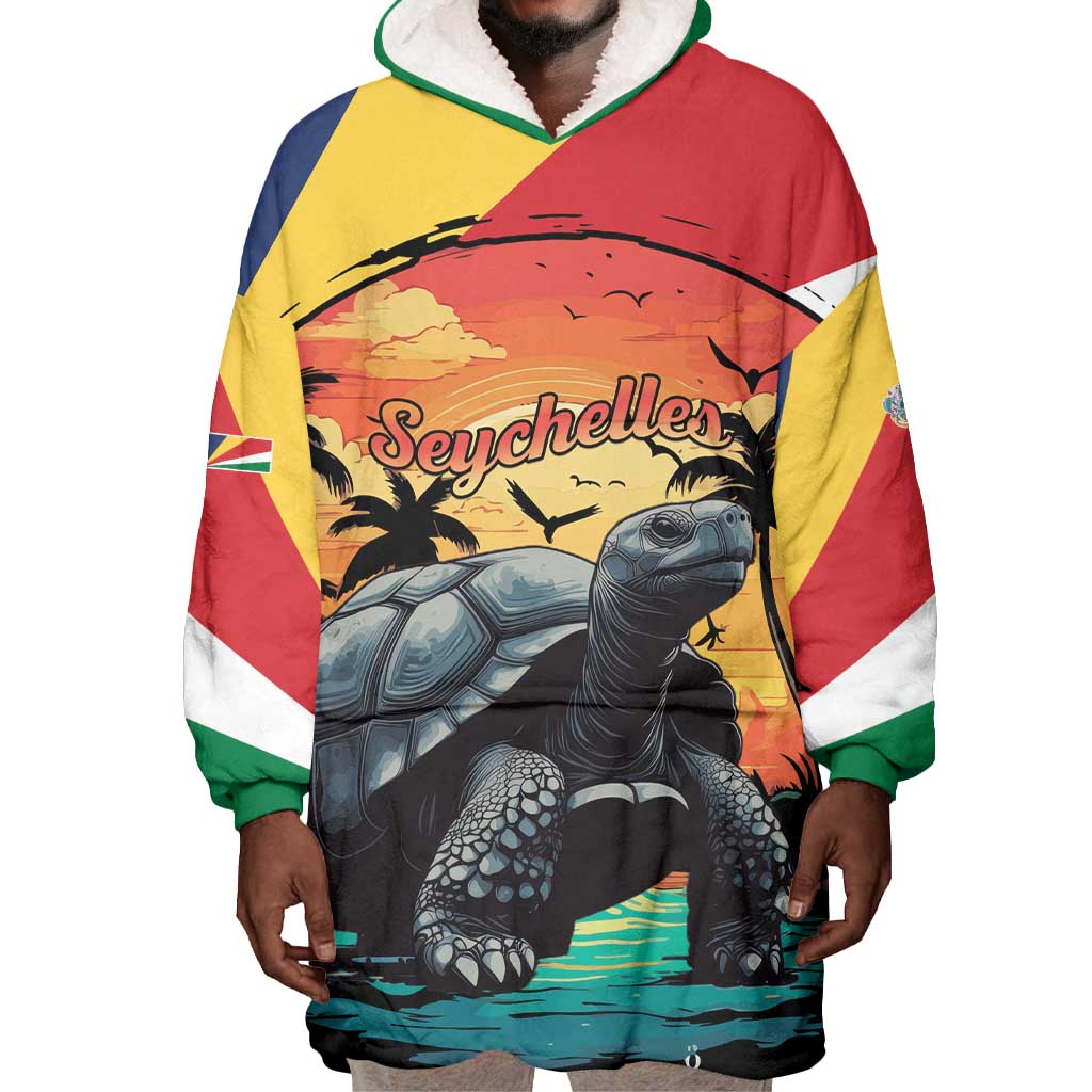Personalised Afro Seychelles Wearable Blanket Hoodie Aldabra Giant Tortoise With Beach Sunset LT15