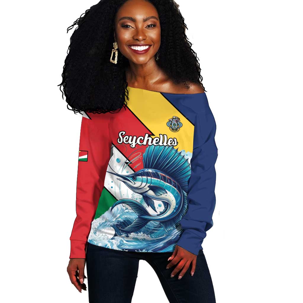 Personalised Afro Seychelles Off Shoulder Sweater Sailfish With Coat Of Arms LT15