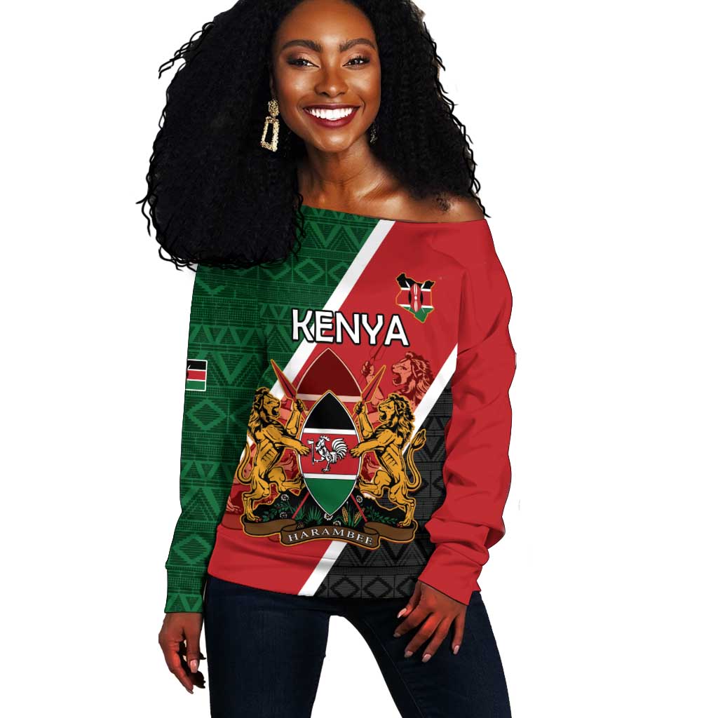 Personalised Kenya Off Shoulder Sweater Flag Style - African Pattern LT15