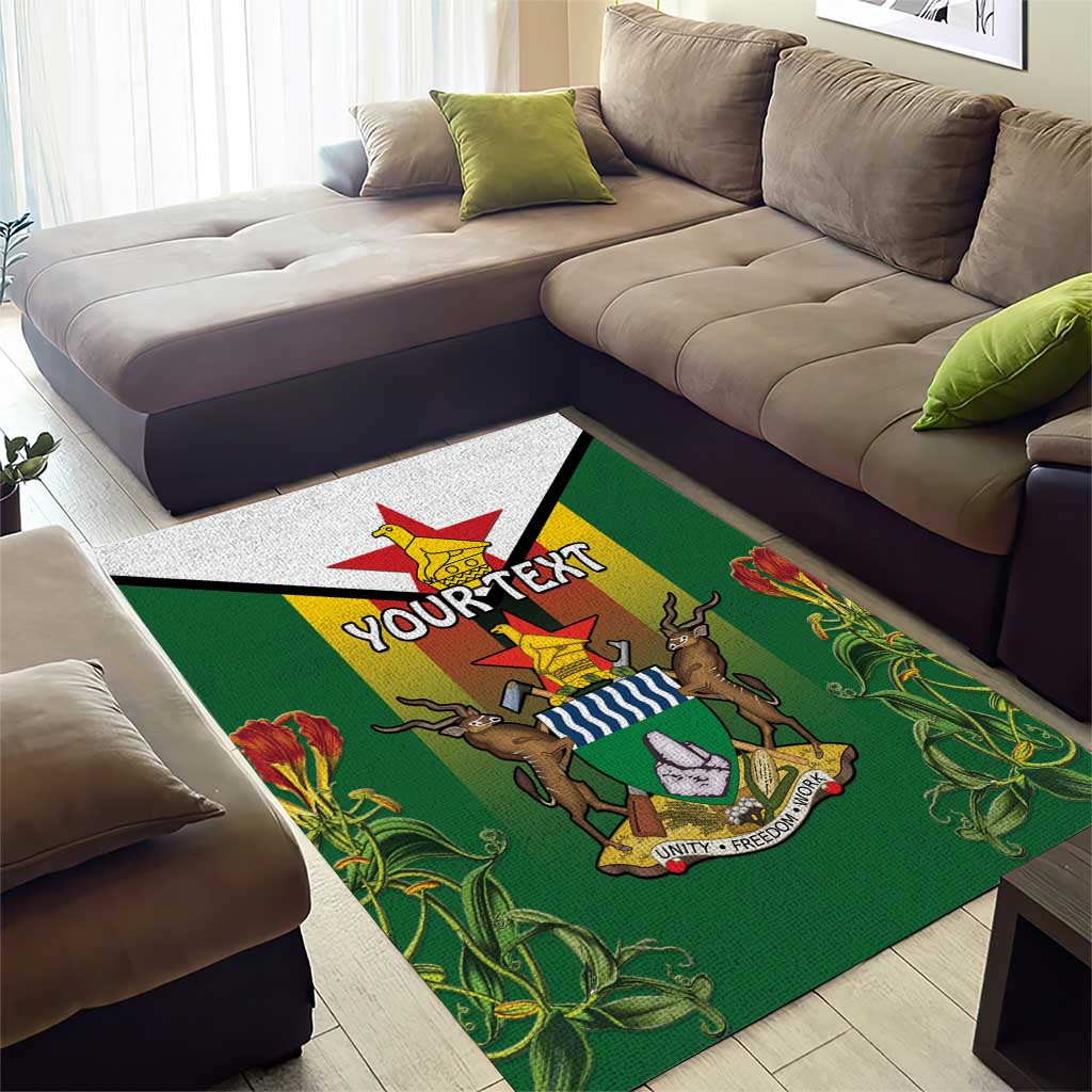 Personalised Zimbabwe Independence Day Area Rug Coat Of Arms Fire Lilies LT15