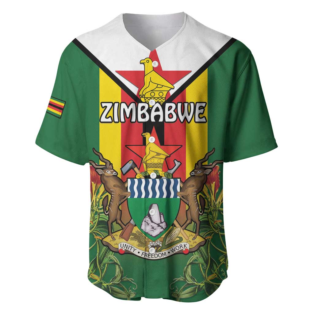 Personalised Zimbabwe Independence Day Baseball Jersey Coat Of Arms Fire Lilies LT15
