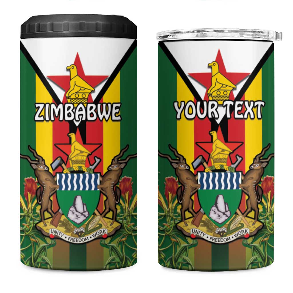 Personalised Zimbabwe Independence Day 4 in 1 Can Cooler Tumbler Coat Of Arms Fire Lilies LT15