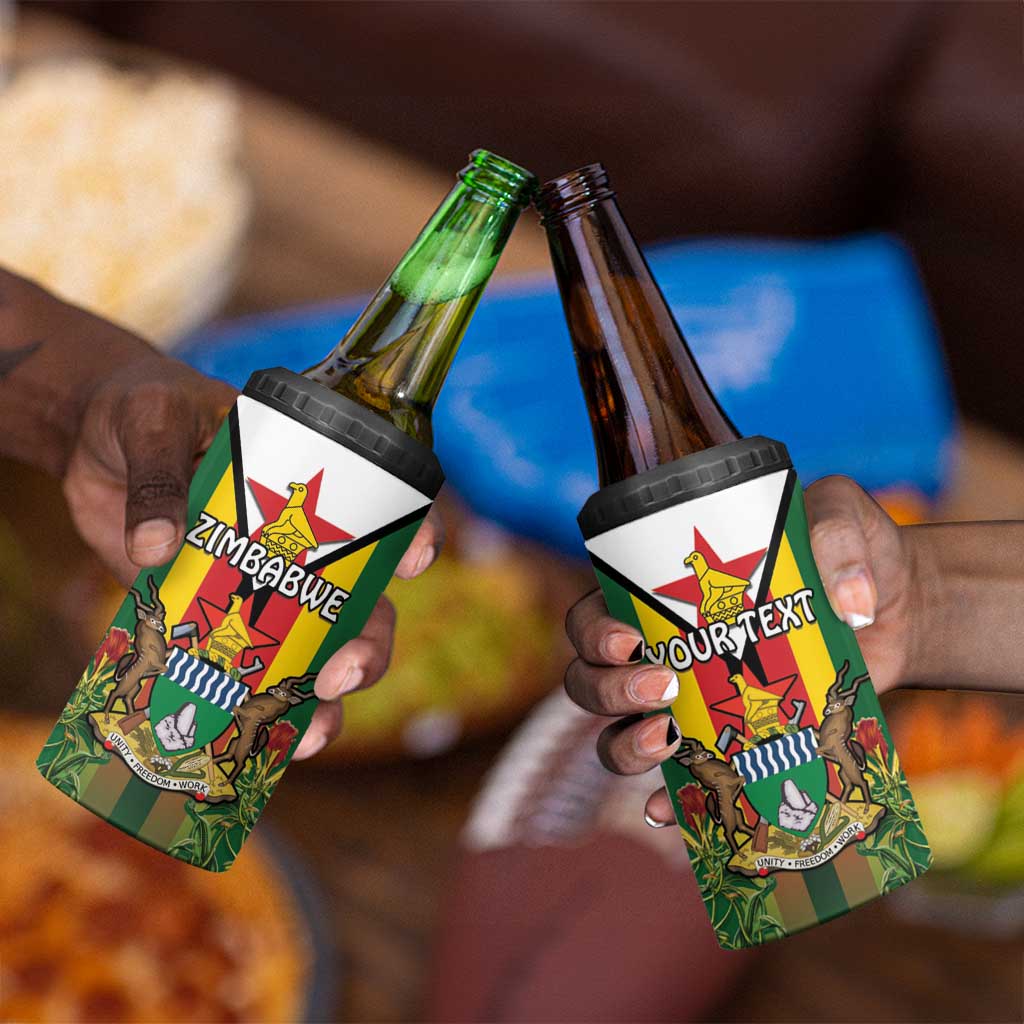 Personalised Zimbabwe Independence Day 4 in 1 Can Cooler Tumbler Coat Of Arms Fire Lilies LT15