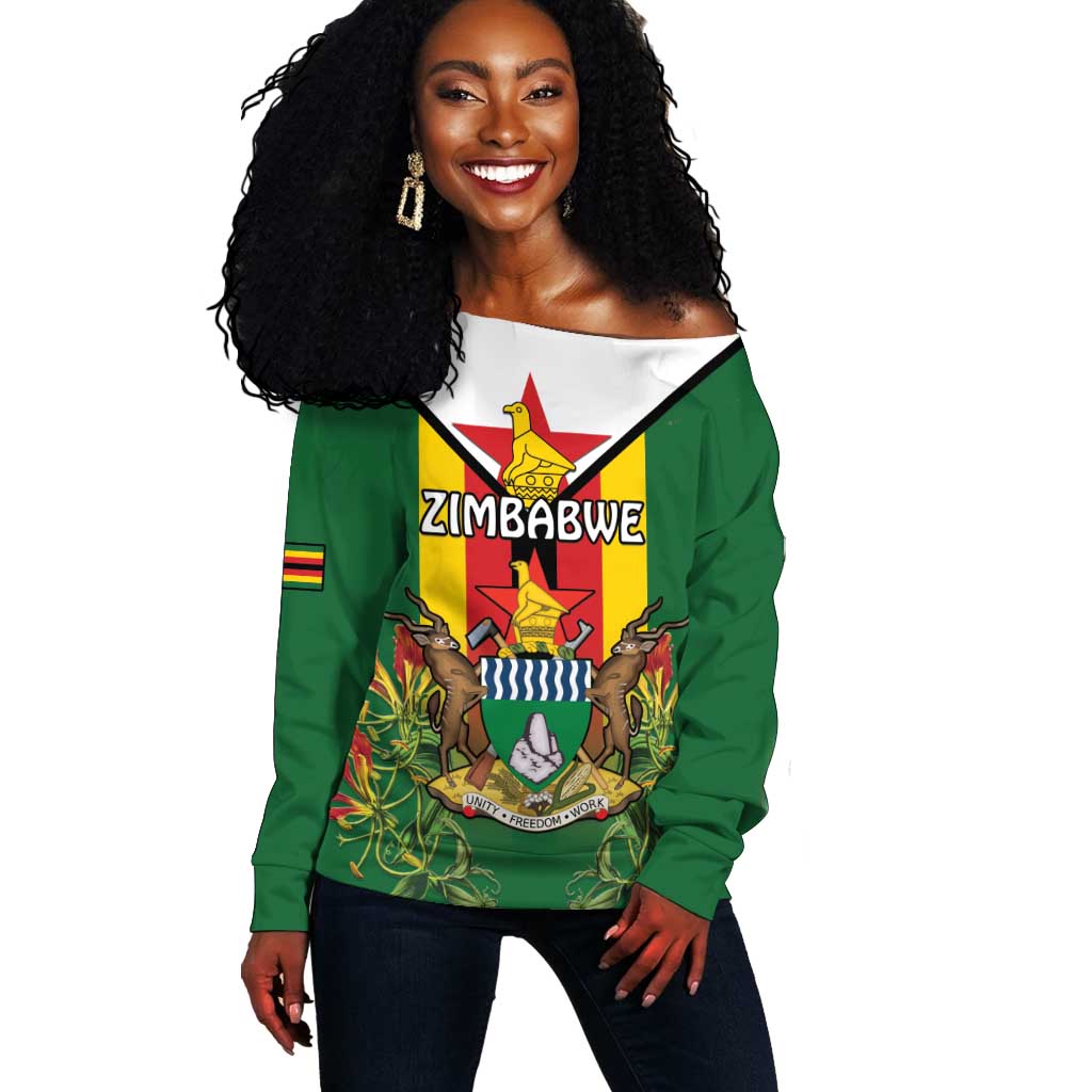 Personalised Zimbabwe Independence Day Off Shoulder Sweater Coat Of Arms Fire Lilies LT15