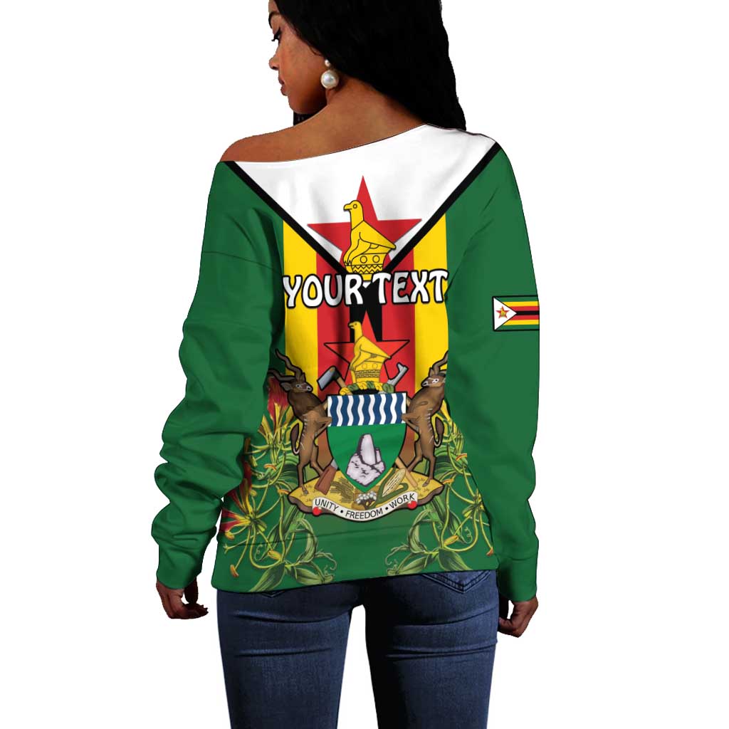 Personalised Zimbabwe Independence Day Off Shoulder Sweater Coat Of Arms Fire Lilies LT15