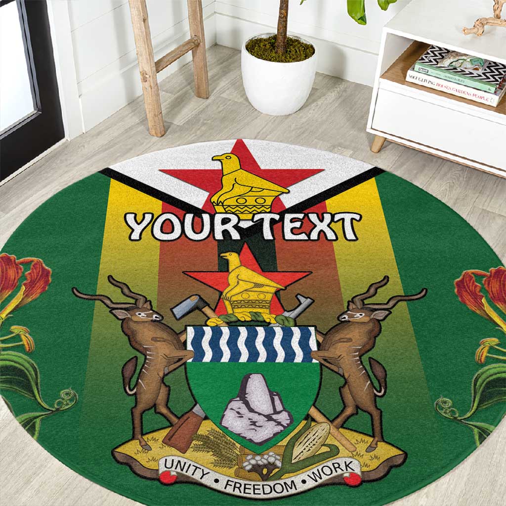 Personalised Zimbabwe Independence Day Round Carpet Coat Of Arms Fire Lilies LT15